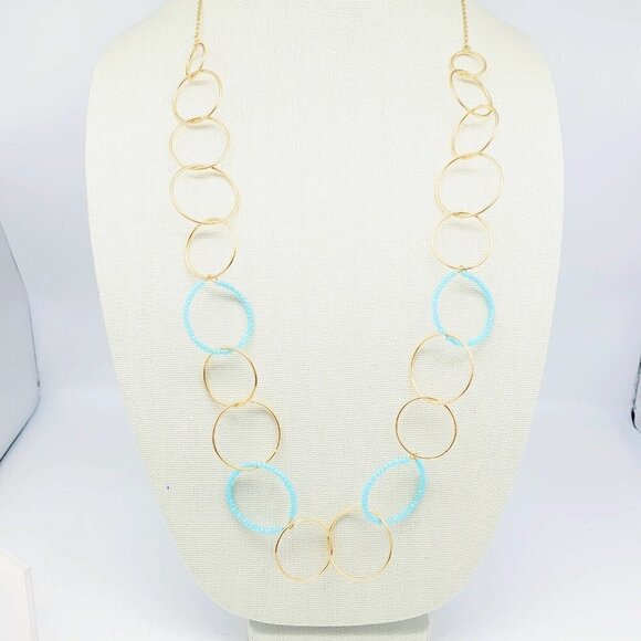 Banana Republic 36" Open Circles Necklace Blue Crystals Gold Tone NEW ON CARD - Picture 1 of 8